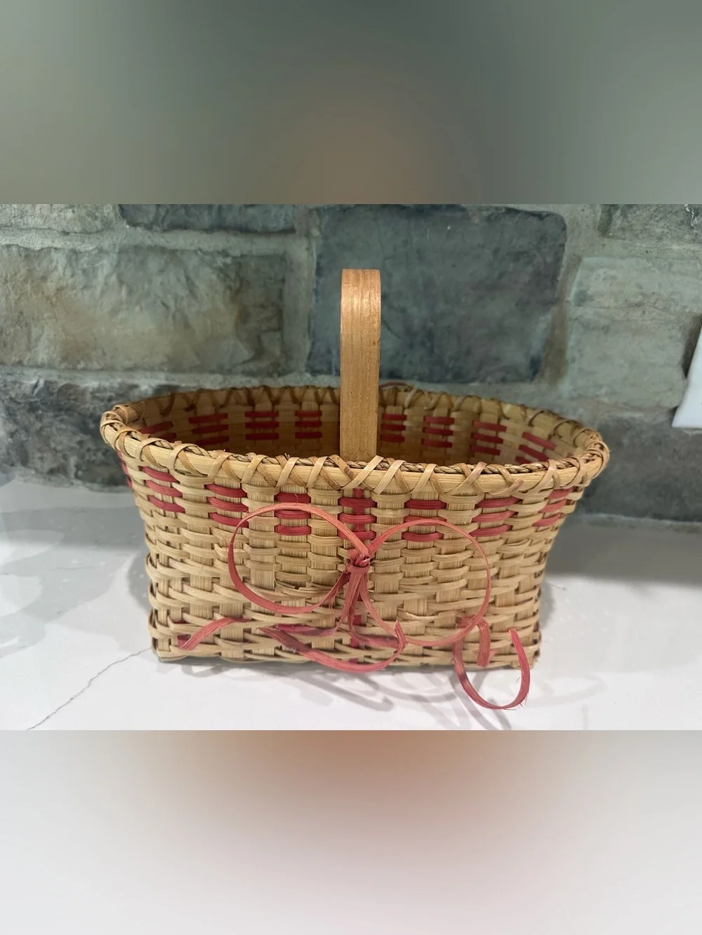 Vintage Hand Woven Split Reed Basket Wooden Handle Pink Accent Band Curled Bow